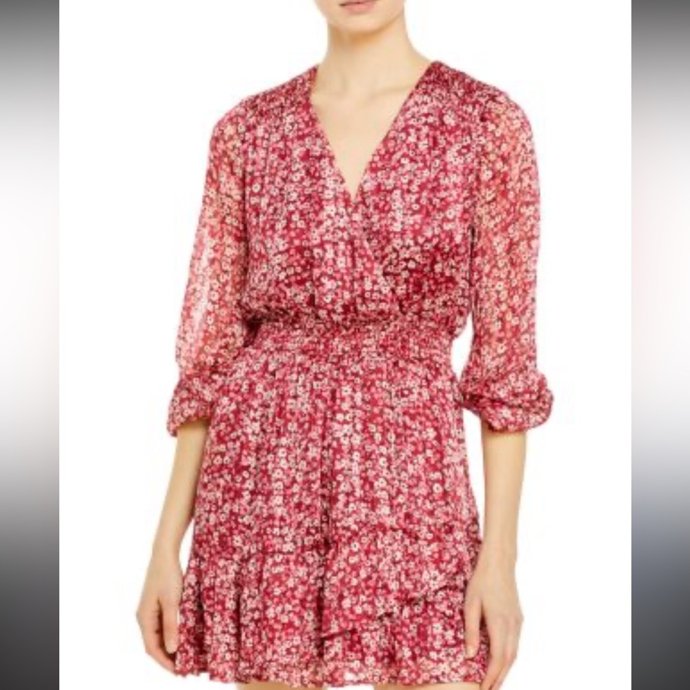 Aqua Long Sleeve Floral Dress in Red with Metallic Thread Size S